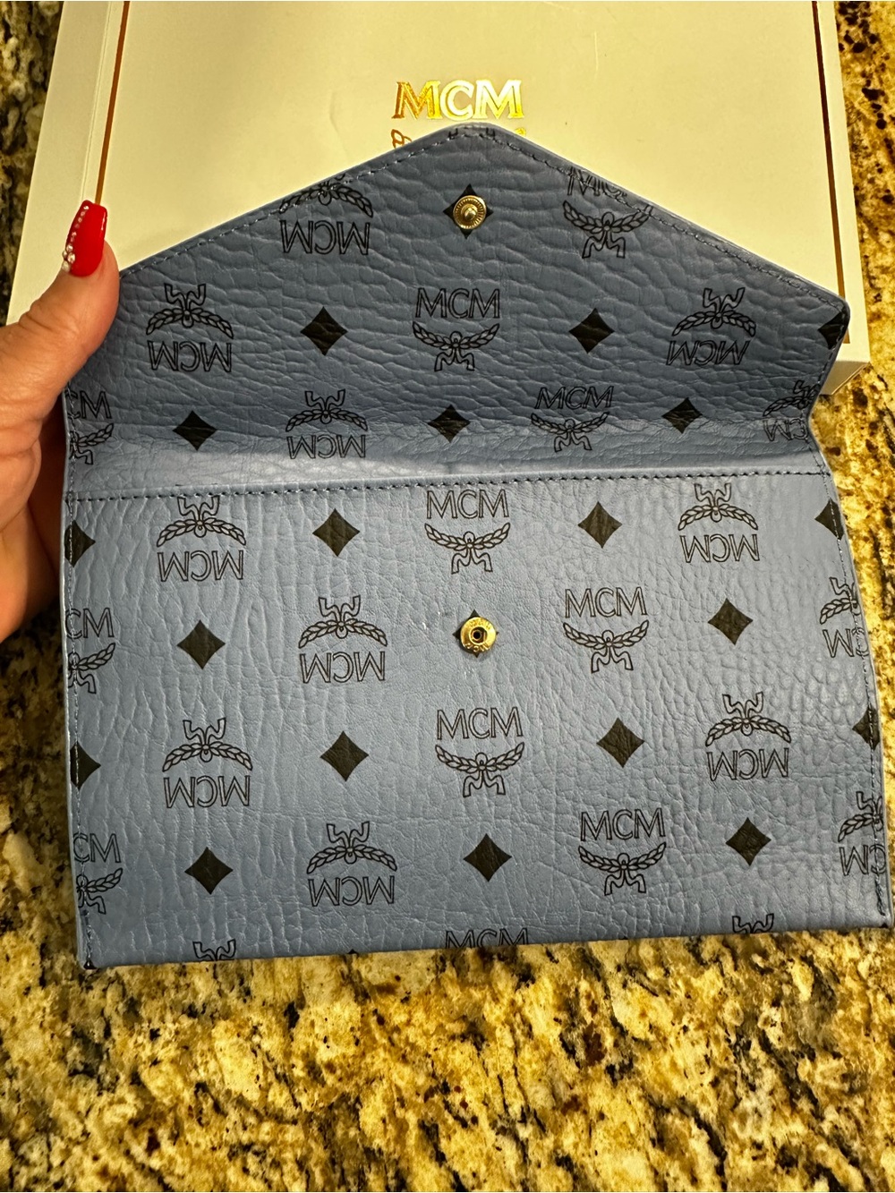 MCM Logo Monogram Envelope Clutch in Dusty Blue - Picture 2 of 15